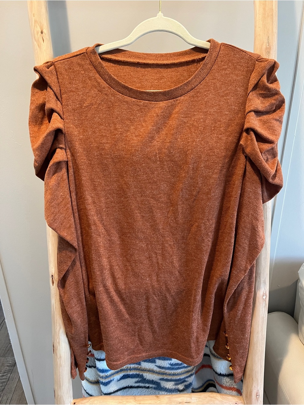SHEIN Rust Brown Ruffle-Sleeve Long Sleeve Top